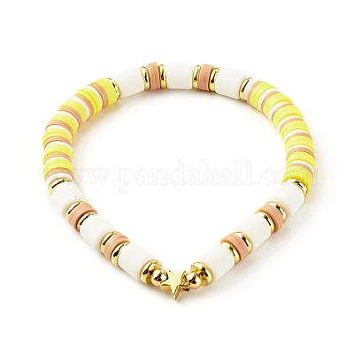 Handmade Polymer Clay Beads Stretch Bracelets Sets, with Brass Beads and  Acrylic Enamel Beads, HAPPY, Yellow, Inner Diameter: 2-1/8 inch(5.5cm)