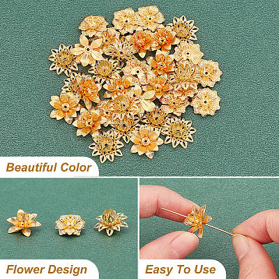 SUPERFINDINGS 36Pcs 3 Style Brass 3D Flower Bead Caps, Golden, 14~16x5~8mm,  Hole: 1mm, 12pcs/style