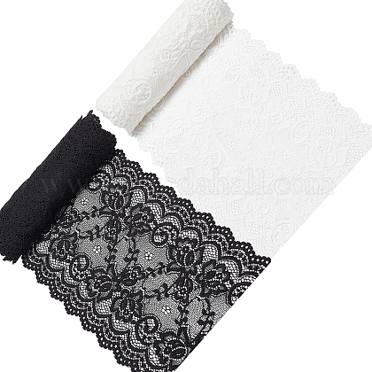 GORGECRAFT 5 Yards 2 Rolls 6.3 Inch Wide Stretch Elastic Lace Ribbon White Black Floral Rose Pattern Trim Fabric for DIY Sewing Craft Costume Hat Hair Band Tablecloth Wedding Decoration Supplies DIY-GF0005-03-1