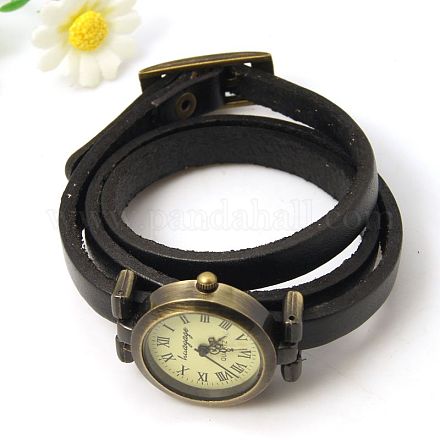 ファッション、トリプルラップレザーウォッチブレスレット  合金の腕時計の部品と  アンティークブロンズ  ブラック  610~620x9x6mm WACH-G009-04-1