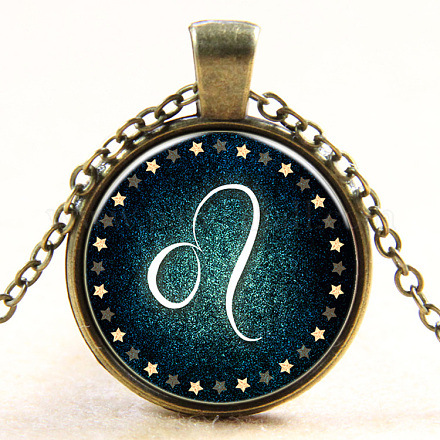 Leo Constellation/Zodiac Sign Flat Round Glass Pendant Necklaces NJEW-N0051-022E-01-1