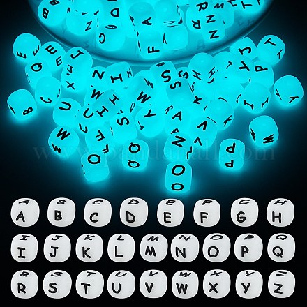 104 pcs cube lumineux perles de silicone lettre carré dés perles de l'alphabet avec entretoise de trou de 2 mm perles de lettre en vrac pour bracelet collier fabrication de bijoux JX439A-1