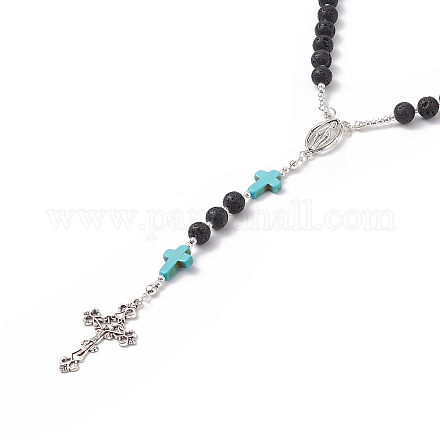 Collana rosario con pietra lavica naturale e turchese verde sintetico NJEW-TA00041-02-1