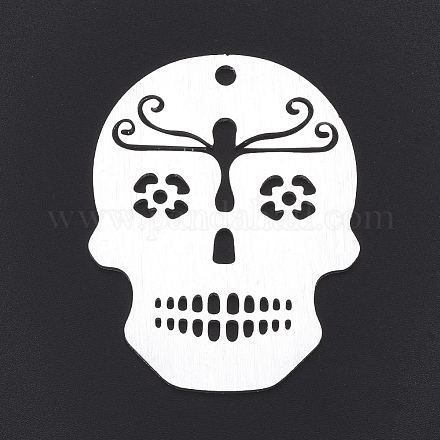 アルミ製ビッグサイズペンダント  レーザーカットの大きなペンダント  砂糖の頭蓋骨  メキシコの死者の祝日  銀色のメッキ  50x39x1mm  穴：3mm ALUM-T001-04S-1