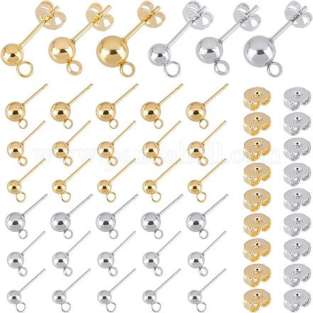 DICOSMETIC 60pcs 3 Sizes 2 Colors Stainless Steel Ball Post Earring Studs with Loop Round Ball Earrings Spherical Earring Findings with 2 Sizes Butterfly Ear Back for Jewelry Making STAS-DC0001-36-1
