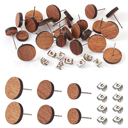 Pandahall 24 шт. 3 стиля плоские круглые серьги-гвоздики из орехового дерева с 304 булавками из нержавеющей стали для женщин EJEW-TA0001-25-1