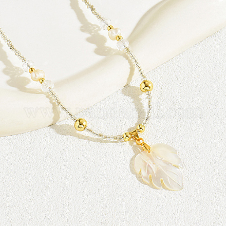 Ожерелье с подвеской в виде кленового листа из натуральной ракушки и цепочками из стеклянных бусин WZ3192-1