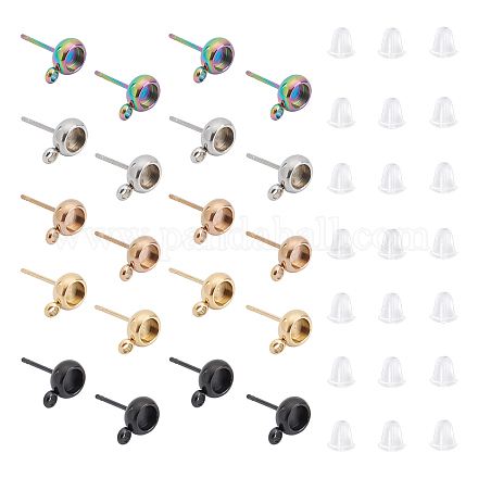 Unicraftale 40Pcs 5 Colors Flat Round 304 Stainless Steel Stud Earring Settings STAS-UN0023-78-1