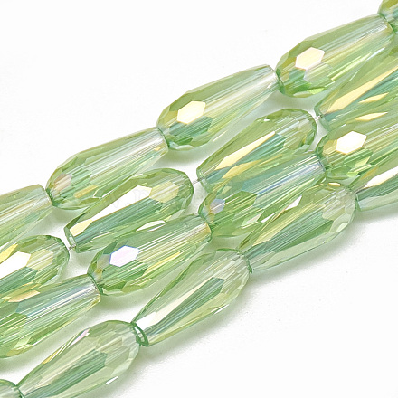 電気メッキガラスビーズセット  多面カットティアドロップ  薄緑  9~9.5x4mm  穴：1mm  約72個/連  25.98インチ EGLA-Q099-C13-1