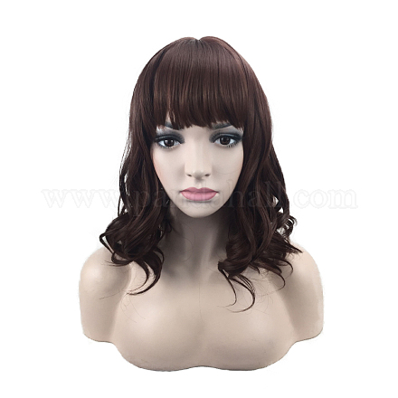 前髪の短いカーリーボブウィッグ  肩の長さのかつら  高温繊維  女性用合成かつら  ココナッツブラウン  16.5インチ（42cm） OHAR-L010-002B-1