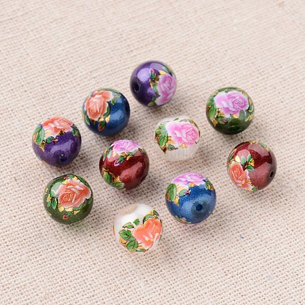 Flower Picture Printed Glass Round Beads GLAA-J088-10mm-B-1