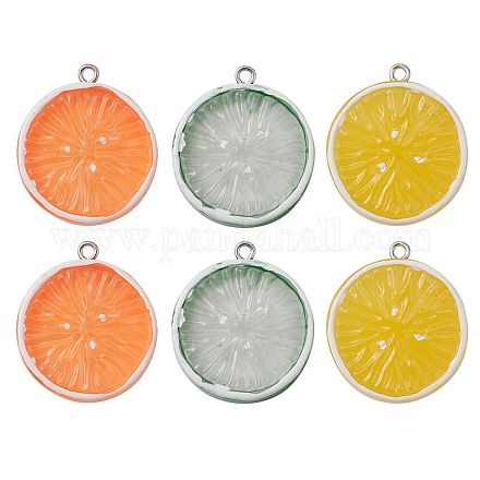 6 pièces 3 couleurs pendentifs de fruits en résine ronde plate RESI-YW0001-44-1