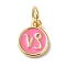 Real 18K Gold Plated Brass Enamel Charms, with Jump Ring, Long-Lasting Plated, Lead Free & Cadmium Free, Flat Round with Capricorn Charms, Pearl Pink, 10x8x1mm, Hole: 4mm