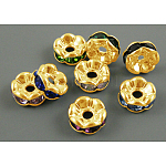 Perles séparateurs en laiton avec strass, Grade A mélange, rondelle, doré et sans nickel, couleurs assorties, environ 7 mm de diamètre, épaisseur de 3.2mm, Trou: 1mm