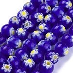 Round Millefiori Glass Beads Strands, Blue, 7.6~8mm, Hole: 1mm, about 48pcs/strand, 14.9 inch