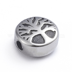 Retro-Perlen aus 304 Edelstahl, flach rund mit Baum des Lebens, Antik Silber Farbe, 10x5.5 mm, Bohrung: 2 mm