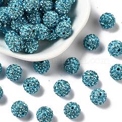 Perles de boule pavé disco , Perles de strass en argile polymère, Grade a, ronde, aigue-marine, strass: pp13 (1.9~2mm), 6 rangs de strass, 10mm, Trou: 1.5mm