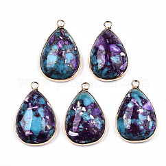 Pendentifs en forme de goutte assemblés turquoise synthétique et regalite naturelle / jaspe impérial, avec boucle en fer et bord en laiton, or clair, teinte, turquoise moyen, 30x19x7~8mm, Trou: 2mm