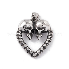 Anhänger zum manuellen Polieren aus Edelstahl 304, Herz mit dem Schädel, Antik Silber Farbe, 36.5x32x12 mm, Bohrung: 4x8.5 mm