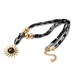 Colliers en acier inoxydable 304 avec pendentif soleil œil de tigre naturel imprimé léopard et cordon en polyester pour femmes&nbsp;NJEW-A063-06G