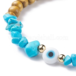 Bracelet extensible en bois naturel et copeaux d'howlite synthétique avec mauvais œil au chalumeau&nbsp;BJEW-JB08148