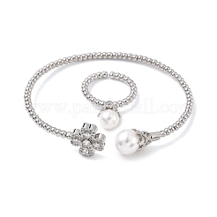 Set di bracciali e anelli con polsino in ottone micro pavé di zirconi cubici a forma di trifoglio a cuore per donna&nbsp;SJEW-R002-02P-02