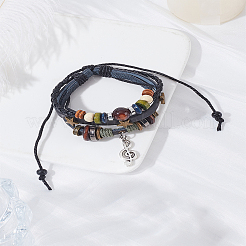 Bracelet multibrins tressé en cuir avec breloques en alliage en forme de note de musique&nbsp;MUSI-LP0001-01B