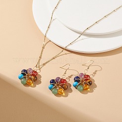 Orecchini pendenti con fiore di pietre preziose naturali e sintetiche e collana con pendente&nbsp;SJEW-JS01259