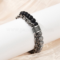 Pulseras de cuentas negras esmeriladas y piedra Picasso redonda natural&nbsp;BJEW-M081-01A