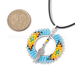 Perline di vetro stile boho e collane con ciondolo in lega di piume&nbsp;NJEW-MZ00041