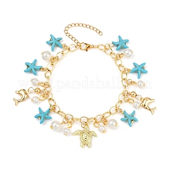 Pulseras con dijes de estrellas de mar de turquesa sintética teñida&nbsp;BJEW-JB11642-02