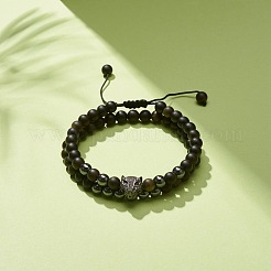 2pcs 2 bracelets de perles tressées en obsidienne naturelle et hématite synthétique serties de léopard en zircone cubique&nbsp;BJEW-JB08119-02