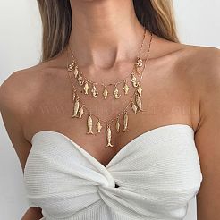 Doppelreihige Halskette mit mehreren Fischanhängern aus Zinklegierung und Eisen im böhmischen Ozean-Stil für Damen&nbsp;WG627B2-01