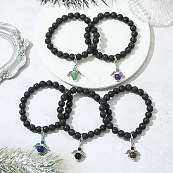 Stretch-Armband aus natürlichem Lavagestein und Edelsteinen mit Feen-Anhängern aus Legierung&nbsp;BJEW-JB08730