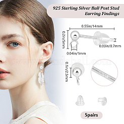 5 paio di 925 perni per orecchini a sfera tonda in argento sterling&nbsp;STER-BBC0006-26B