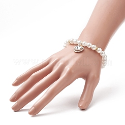 Braccialetto elasticizzato con perline rotonde in perle acriliche con ciondoli a cuore in strass in lega per donna&nbsp;BJEW-JB09232-01