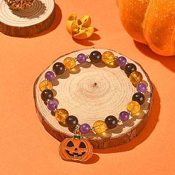 Braccialetto elasticizzato con perline rotonde e pietre preziose naturali miste con ciondoli a forma di zucca smaltati in lega per Halloween&nbsp;BJEW-TA00271