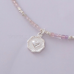 Collier en forme de cube de sucre en fluorite naturelle et cœur argenté s925&nbsp;XE9722