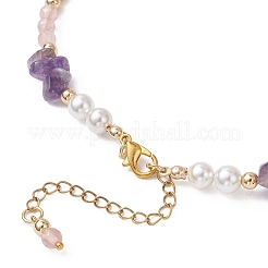 Colliers ronds en verre de quartz cerise et éclats d'améthyste naturelle et de rhodonite pour femmes&nbsp;NJEW-JN05634