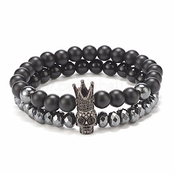 2 pz 2 bracciali elastici in ematite sintetica e pietra nera e ossidiana naturale con teschio in zirconia cubica&nbsp;BJEW-JB08120