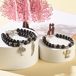 Bracciale tondo opaco con perline in pietra nera sintetica&nbsp;BJEW-JB06963