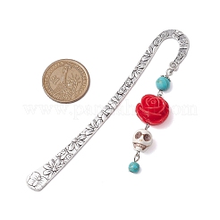 Lesezeichen mit Totenkopf-Rosen-Anhänger aus Kunstharz und synthetischem Türkis&nbsp;AJEW-JK00326