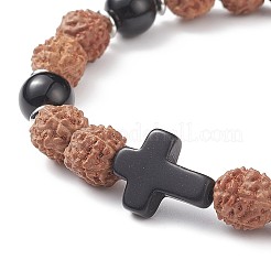 Natürliches schwarzes Achat (gefärbt) & Rudraksha & synthetisches türkisfarbenes (gefärbtes) Stretch-Armband&nbsp;BJEW-TA00187-02