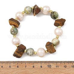 Bracelets extensibles en œil de tigre naturel brut et jaspe vert rond à lignes&nbsp;BJEW-JB14287-02