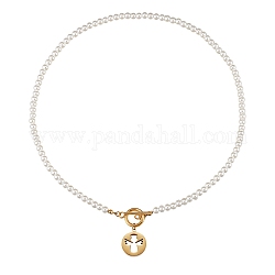Collares colgantes de 304 acero inoxidable, con cuentas redondas de perlas acrílicas de imitación y cierres de palanca, plano, redondo, con, ángel, blanco, dorado, 18.11 pulgada (46 cm)