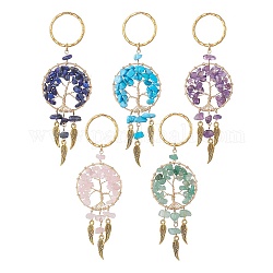 Woven Net/Web with Wing Pendant Keychain, with Gemstone Chips and Iron Key Rings, Flat Round with Tree of Life, 10.9~11cm