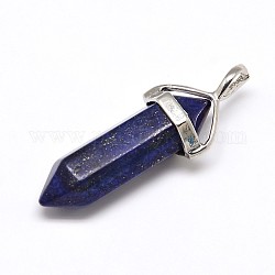 Faceted Bullet Natural Lapis Lazuli Double Terminated Pointed Pendants, with Platinum Plated Brass Findings, 38~45x10mm, Hole: 3x5mm