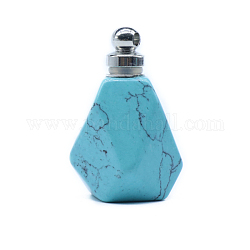 Pendentifs de bouteille de parfum bleu turquoise synthétique, avec les accessoires en alliage de tonalité de platine, pour l'huile essentielle, parfum, bouteille de polygone, 35x23mm