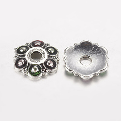 Antique Silver Plated Flower Alloy Enamel Bead Caps, 6-Petal, Colorful, 13x2mm, Hole: 3mm