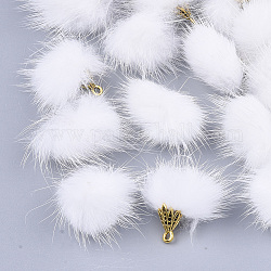 Décorations pendantes de pompon en fausse fourrure de vison, avec les accessoires en alliage, Or antique, blanc, 20~30x28~30mm, Trou: 1.8mm